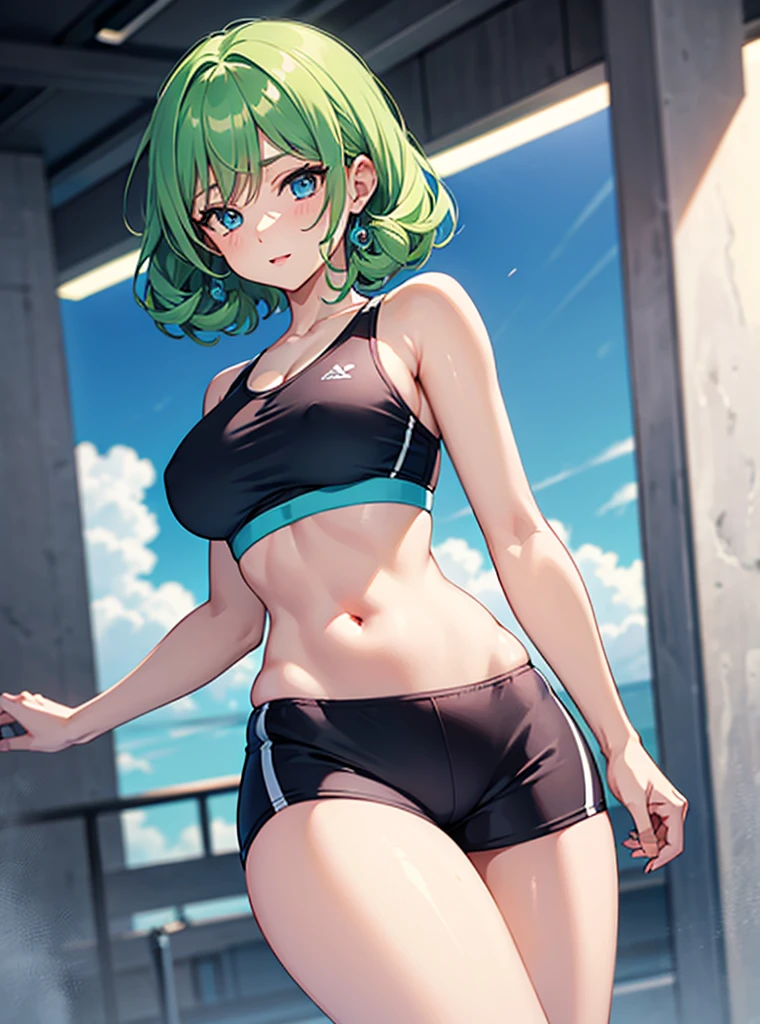 1 anime girl, solo, anatomically correct, supermodel, beautiful girl, light green hair, cyan colour hair, short hair, curly hair, intense curls, very short hair, beautiful blue eyes, highly detailed face illustration, medium sized breasts, hourglass figure, juicy thighs, wearing sports bra, cleavage, sexy sport shorts, very short shorts, sexy pose, 8k, best quality