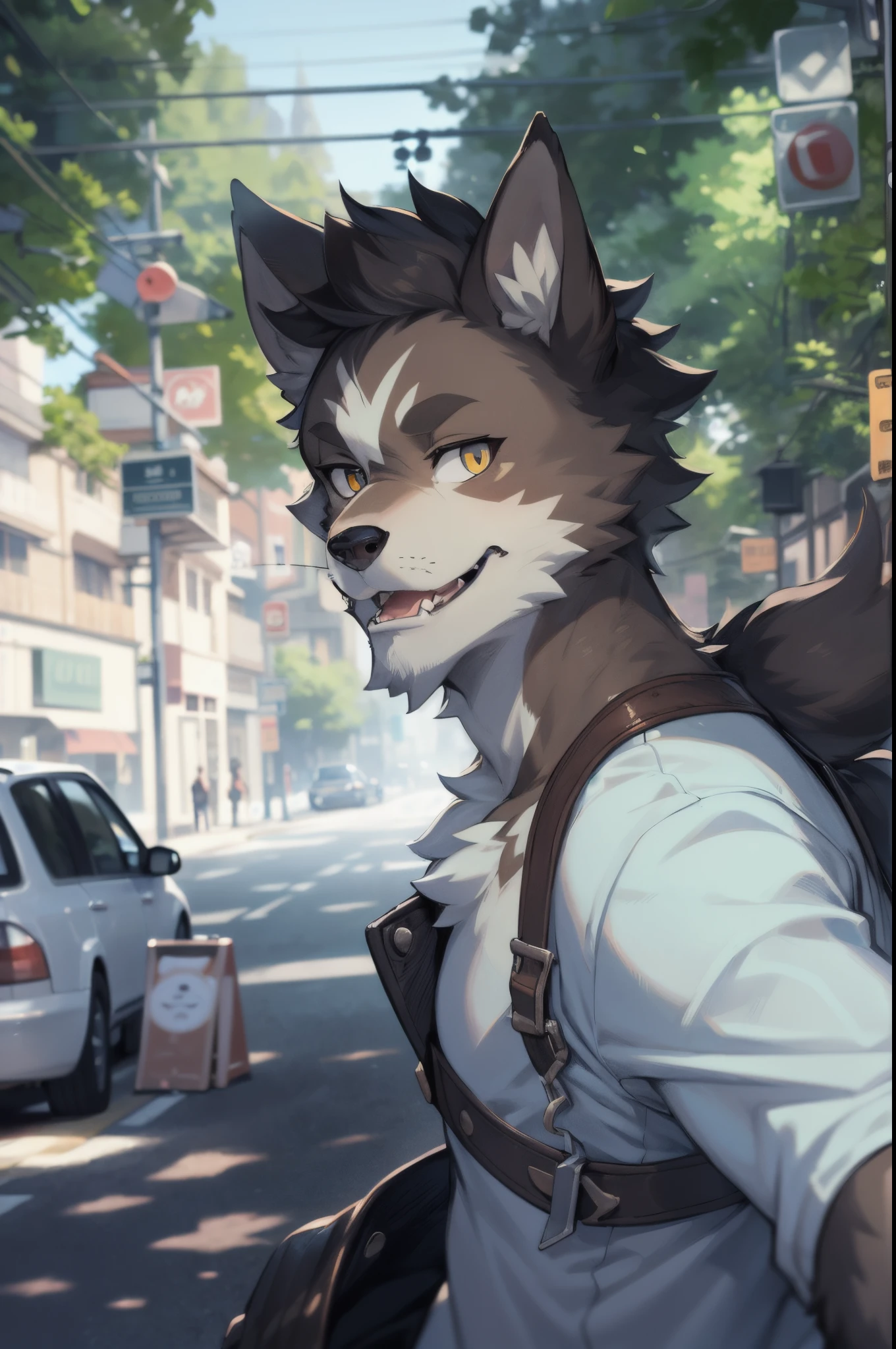 there is a man that is standing in the street with a frisbee,furry,white wolf, scar,handsome, (High Resolution),masterpiece, 8k, nj5furry,masterpiece, best quality, perfect anatomy, bright eyes, detailed background,nj5furry,Rich colors