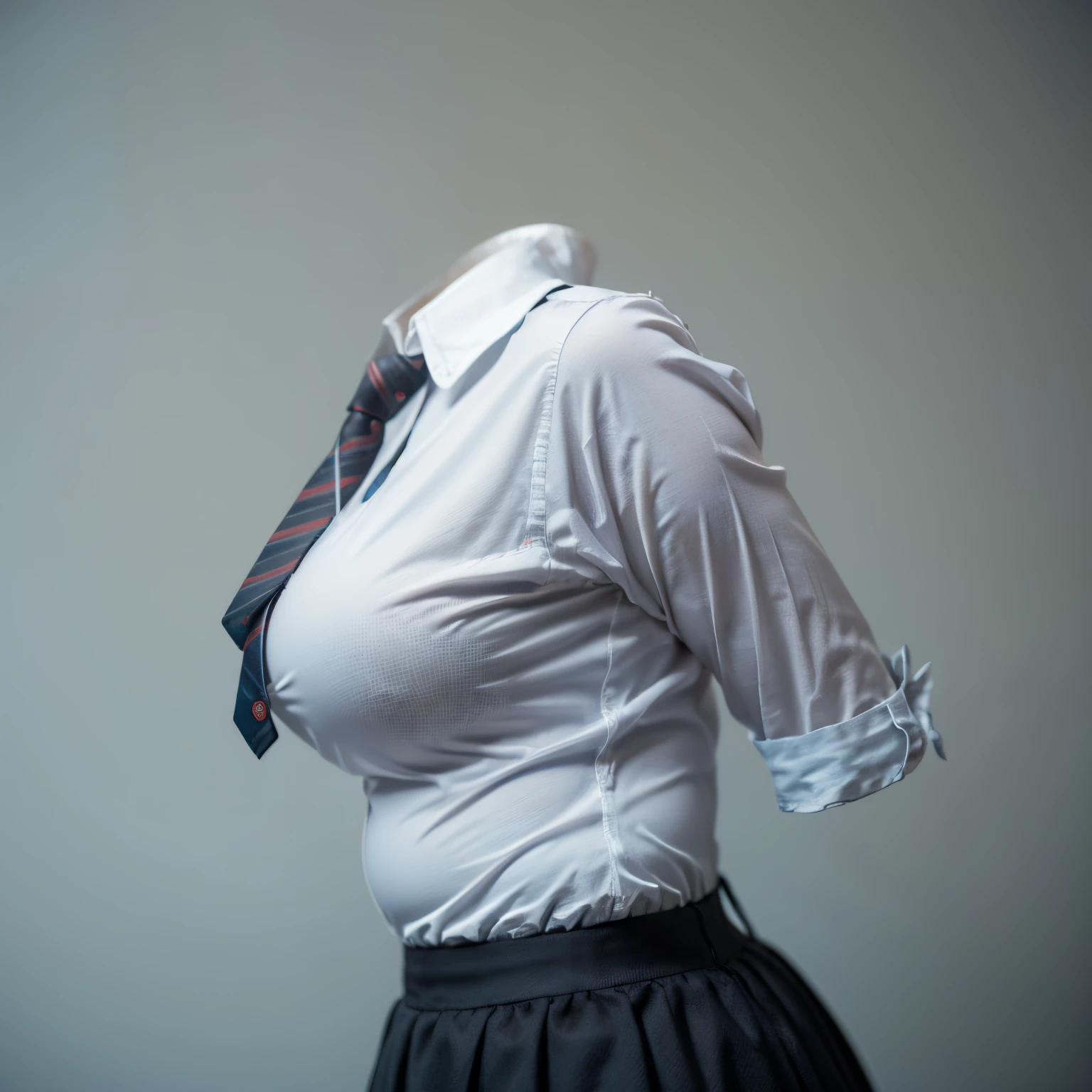 (chubby, fat), collared shirts, white shirts, blue stripe tie, school, dark grey skirt, school tie, (Looking back:1.4) (invisible, no humans, headless, faceless:1.5), (cute big breasts), (close-up shot of breasts), photon mapping, radiosity physically-based rendering