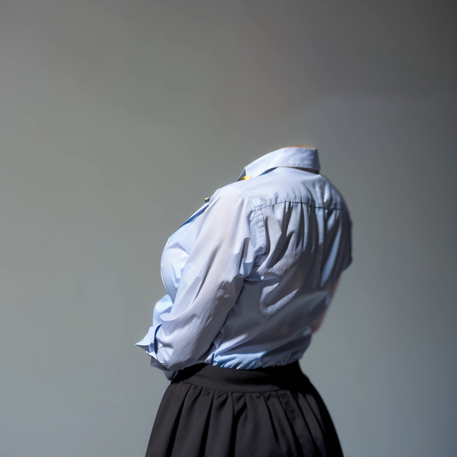 (chubby, fat), collared shirts, white shirts, blue stripe tie, school, dark grey skirt, school tie, (Looking back:1.4) (invisible, no humans, headless, faceless:1.5), (cute big breasts), (close-up shot of breasts), photon mapping, radiosity physically-based rendering