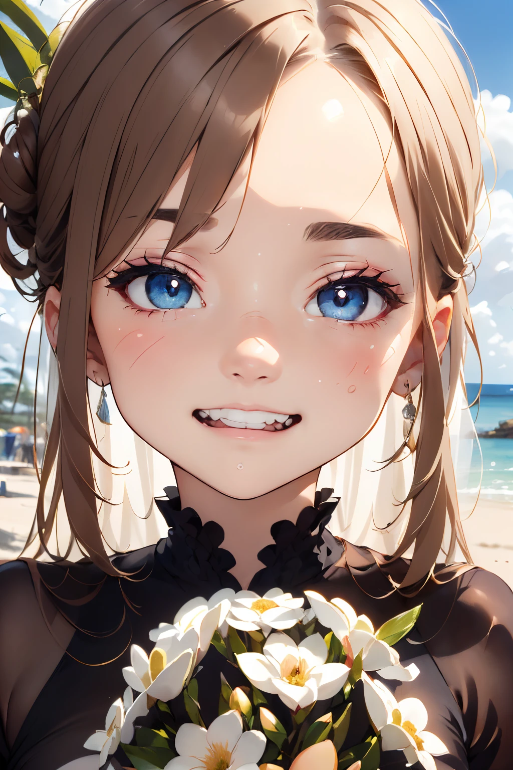 (masutepiece, Digital Art, Digital Illustration, 4K, 8K, Ultra-detailed, beautiful image, Sharp Image, Photorealistic, Raw photo, Perfect face, Perfect lines, Perfect eyes, Soft lighting) 1 woman, (lightbrown hair,Chignon Hair,Innocent look,drooping eyebrows,drooing eyes,with round face,Round jaws、Innocence,cute little,big eye,natural make up,kindly smile,E-cup,23 y-o woman:1.3),Two handsome men in suits, (ember,Men in suits,well-muscled,Firm shoulder width,Adult male,Boyish hairstyle,Man in his 30s with a cool expression,28-year-old man with bright smile:1.2),shores、beach wedding,(embarrassed from,Shy smile,magnolia bouquet:1.2),sea side、the kiss、kiss、a couple、couple kissing、Romance、weddingdress、Wedding、A slight smil