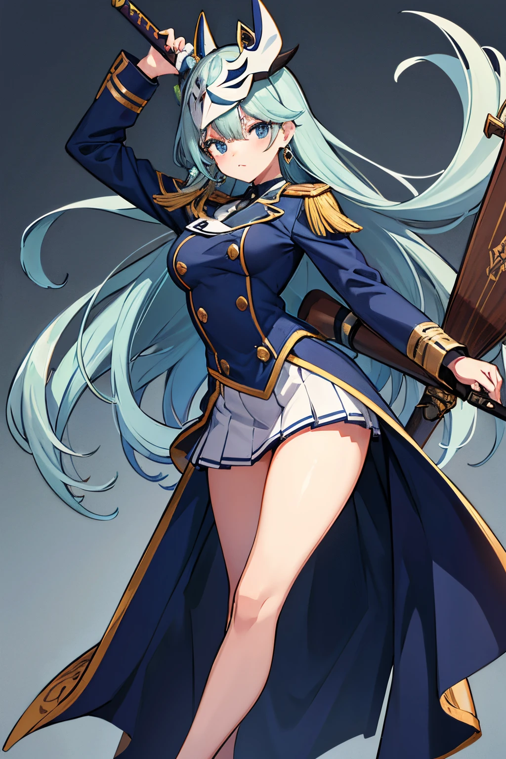 masuter piece, in a full body, girl with, High school students, Jade-colored long hair, waves are applied, in navy blue, Retro, musketeer style, Uniforms, Cross earrings, holds a sword, Phantom Mask, Doing