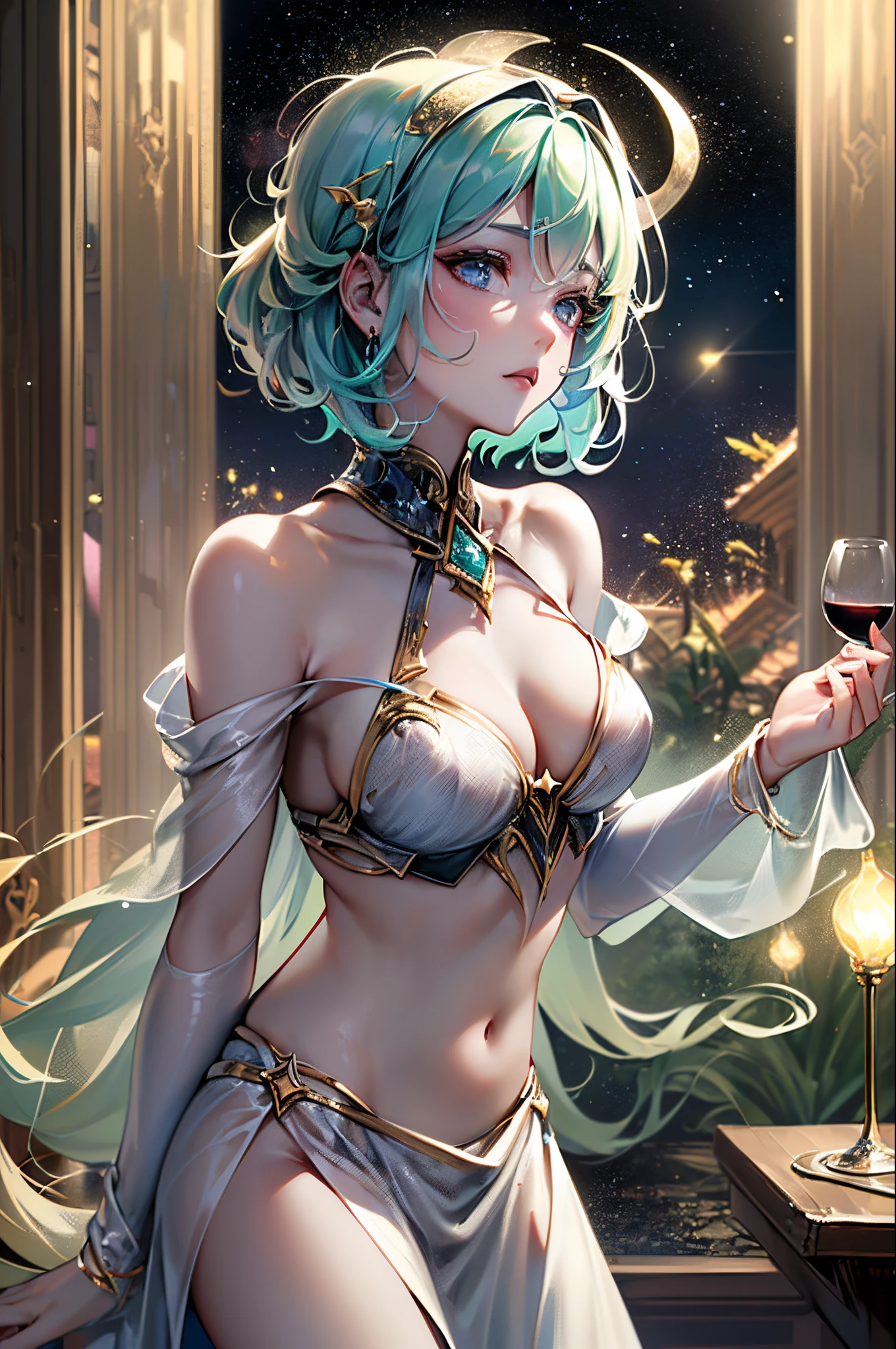 (piece of master), (alta qualidade), ((duas mulheres)), (pele perfeita), perfectly proportions, wearing translucent, flowing robes, finds itself in a paradisiacal bar immersed in soft lights.-( Clothes:Suas roupas devem ser feitas com luz (translucent), ((translucent fabric), roupas de ninfas, deusas ninfas.) , sexy, , (observe os mamilos), (Poses: sentados um em frente ao outro, sentado em uma mesa de bar, copos e garrafas de vinho fino, Wine), (Ambiente: festivo, Friends Reunion, calm and peaceful), (The lighting: luz espacial, luz colorida,), (cena: the background of the scene shows outer space, estrelas pontilhadas, apenas colunas , sem paredes.)(short hair), (rainbow hair) , (gentil, complicit look),(Efeito Tyndall),(etherial lighting) --auto --s2