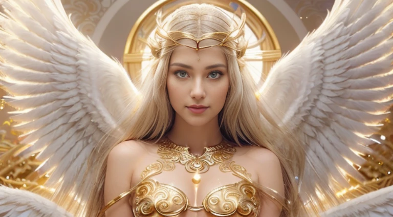 Angewomon,1girl,beautiful detailed eyes,beautiful detailed lips,extremely detailed eyes and face,longeyelashes,soft and glowing skin,serene expression, radiant smile, flowing golden hair, white feathered wings, shining halo,heavenly aura, ethereal beauty,gold and white attire,ornate and intricate design,celestial atmosphere,sacred background,divine light,angelic presence