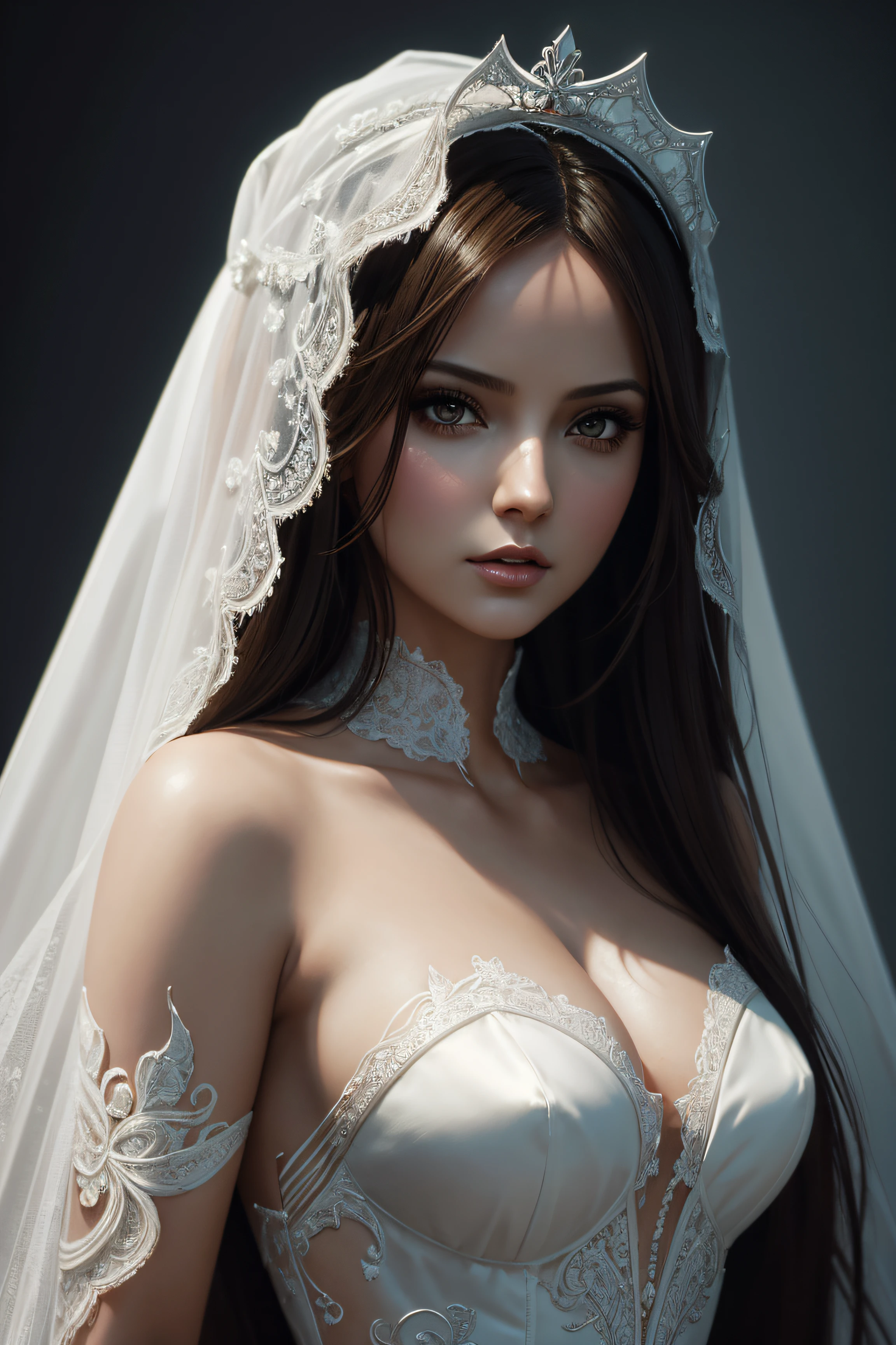 Gabriela Spanic, bunny veil bride sexy clothes, character portrait, 4 9 9 0 s, long hair, intricate, elegant, highly detailed, digital painting, artstation, concept art, smooth, sharp focus, illustration, art by wlop, charlie bowater and alexandra fomina, no water marks