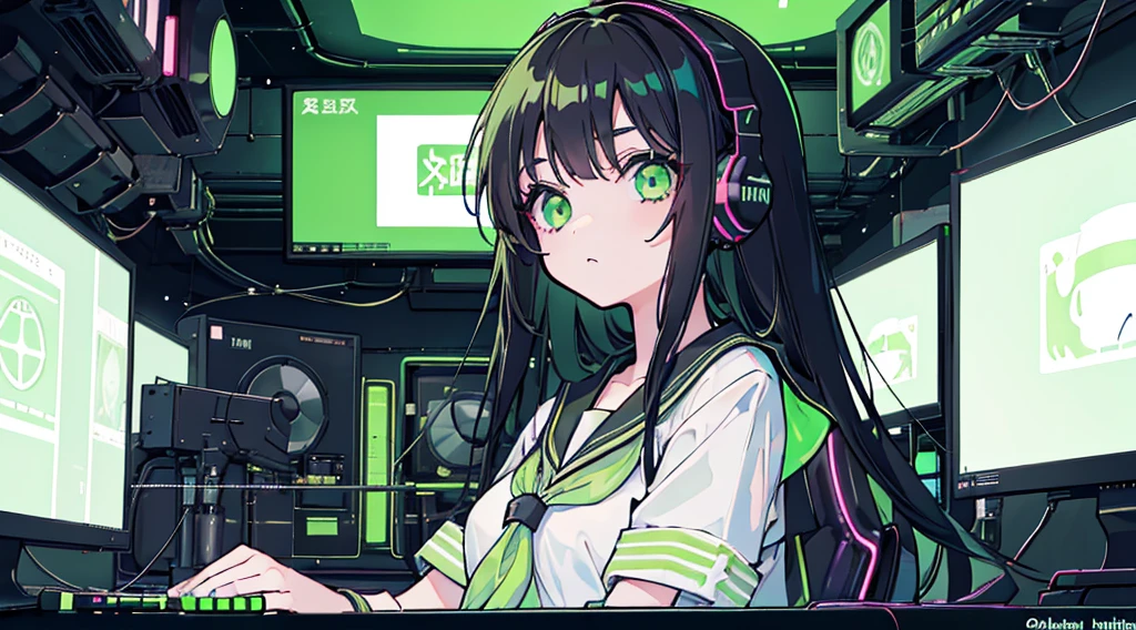 (3 girls, black hair, green eyes, sailor suit, headset, operating, kawaii), (green cyberpunk, room with big monitors, green neon)