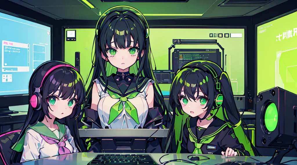 (3 girls, black hair, green eyes, sailor suit, headset, operating, kawaii), (green cyberpunk, room with big monitors, green neon)