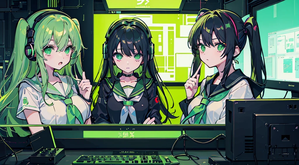 (3 girls, black hair, green eyes, sailor suit, headset, operating, kawaii), (green cyberpunk, room with big monitors, green neon)