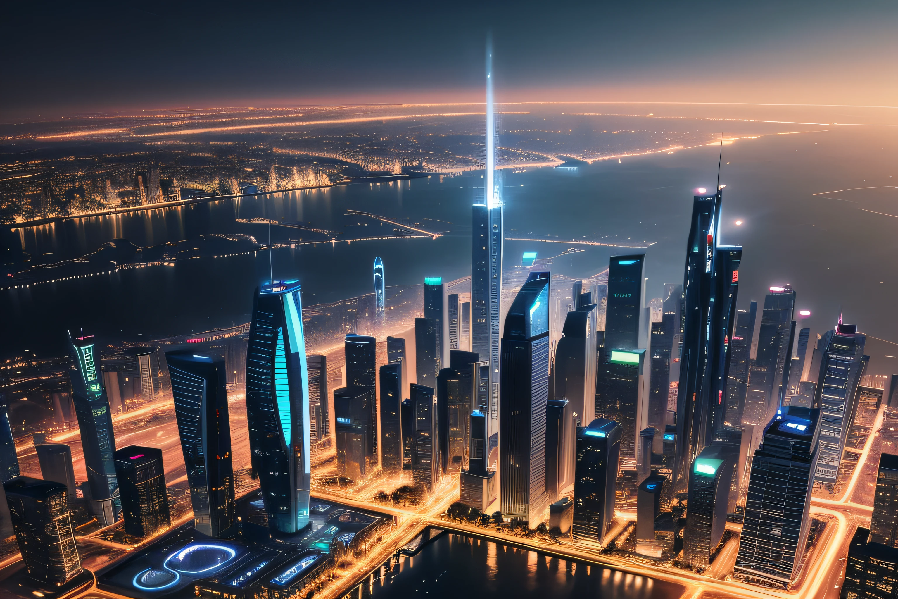 arafid city，There are skyscrapers and fountains in the middle of the night, Modern city background, Future city background, urban backdrop, cybernetic city background, Future city background, City background at night, Future city background, detailed city background, megacity background, city skyline on background, City background at night, urban backdrop