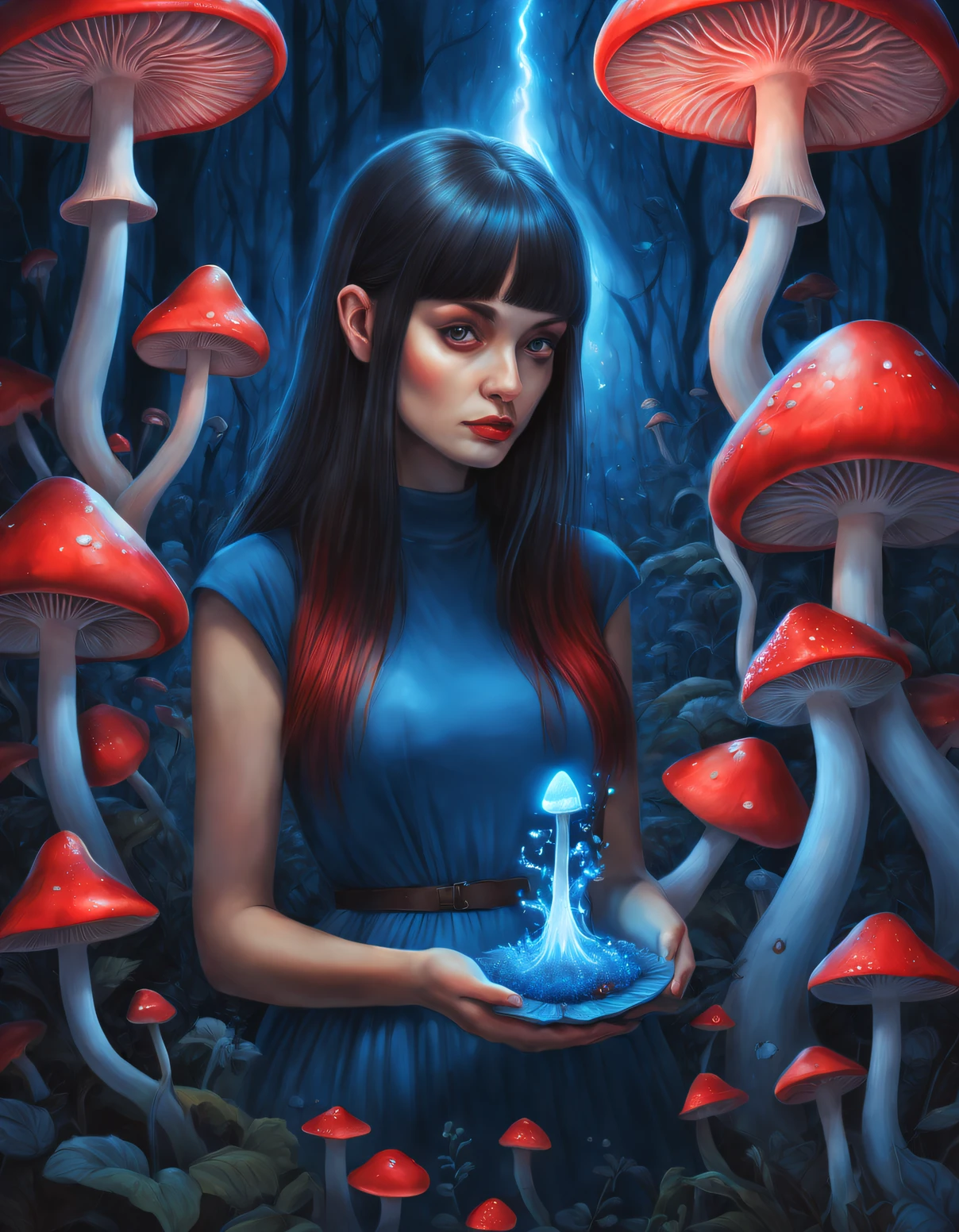 beth hamity style,Woman holding blue and red glowing mushroom garden drawing, ,snail,Pop surrealism, Integrated into Ligent, surreal teen, dreamlike illustration, Dripping honey, hyperrealistic aesthetic, genetic engineering
