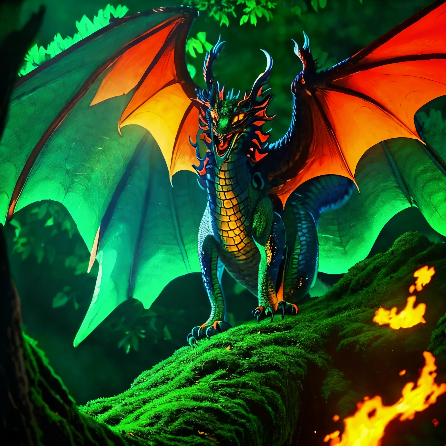 Show a little baby dragon sleeping on glowing logs. The dragon is green and surrounded by darkness. Only the logs and the dragon glow