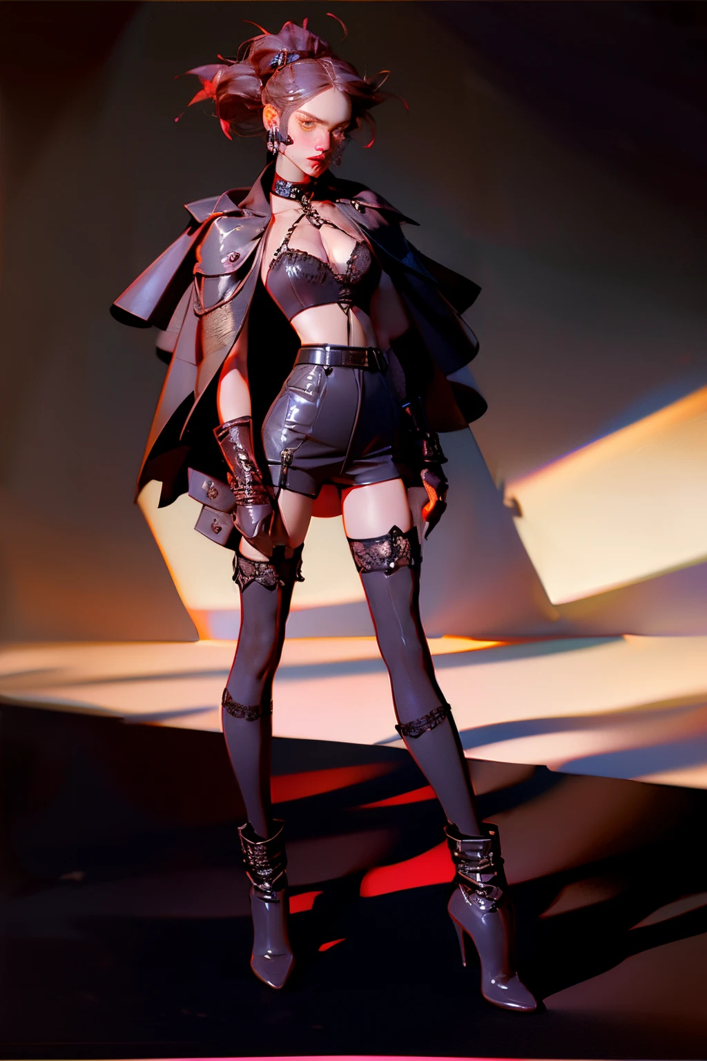 Drawing of ((best quality)), ((masterpiece)), (detailed), perfect face, ((medium shot)),gothic 1girl, solo wearing a black leather corset with laces and belts, cape,ribbon, lipstick, pale skin, dark purple hair, braided ponytail, perfect anatomy dominatrix, slender figure , toned body, ((black garter belt on hips)), midriff exposed, ((squeezed cleavage:1.2)), hourglass waist, angular face, defined cheekbones, (dark stockings), dark gauntlets, heavy makeup, choker, collar, shadow over eyes, looking at viewer, black thigh highs, black lingerie, boots, high heels, , medium shot, lighting, artwork, blank background
