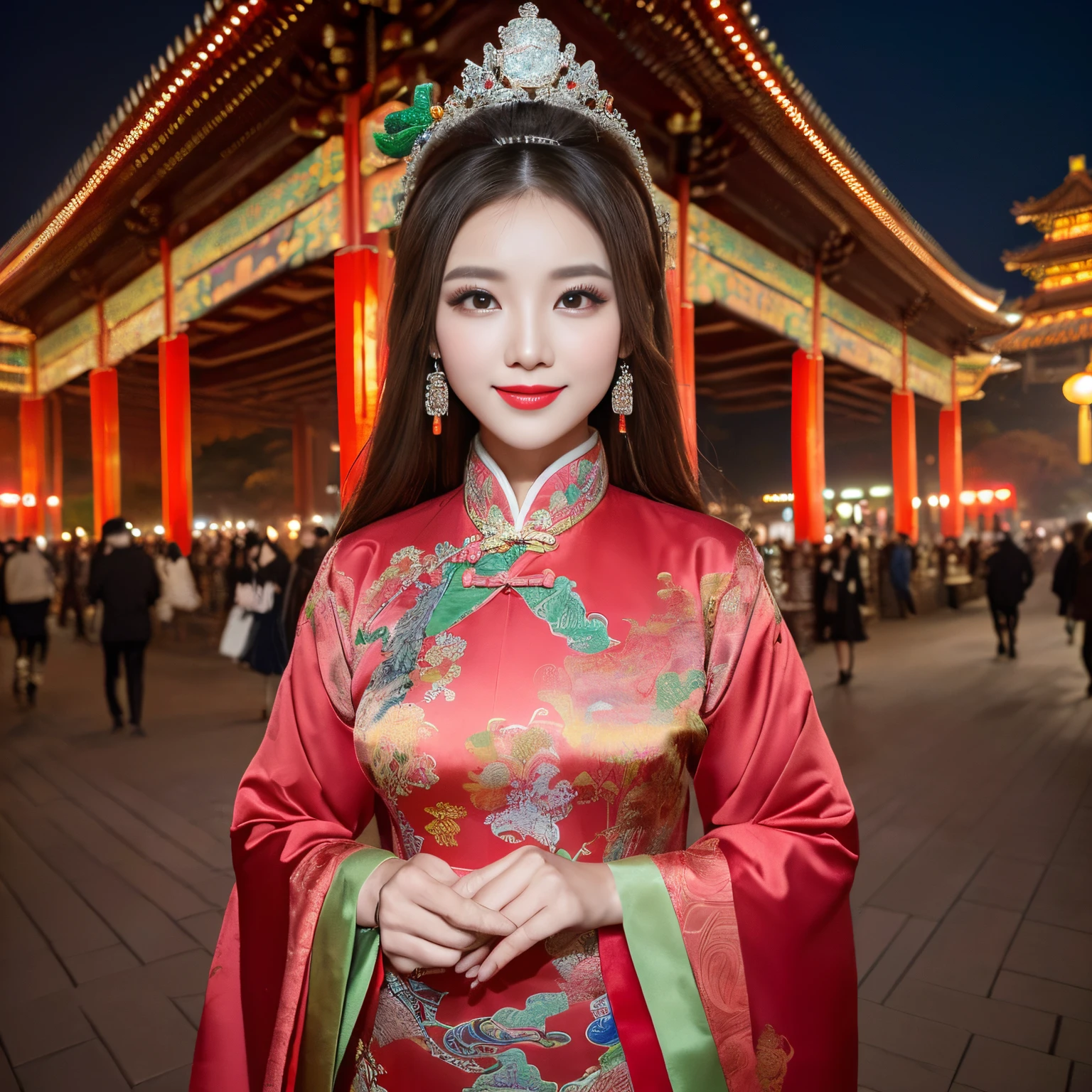 ((top-quality、masutepiece、8K、Top image quality、Highly complex and detailed depictions))、(Pictures of majestic and beautiful Chinese princesses:1.5)、Beautiful Chang'an city at night、((The most gorgeous and majestic Chinese princess huge costume、the most vivid and luxurious costumes、big long costume、The most luxurious and huge capital of Chang'an、The splendid and majestic architecture of ancient China、The red-lit city of Chang'an、An unimaginably luxurious building、Very complex decoration、extremely luxurious ancient chinese architecture))、(View me、Bewitching smile、Perfect makeup、long eyelashes、lipsticks、Pink eyeshadows、perfect anatomia、A slight smil)、(clear luxury capital background:1.2)