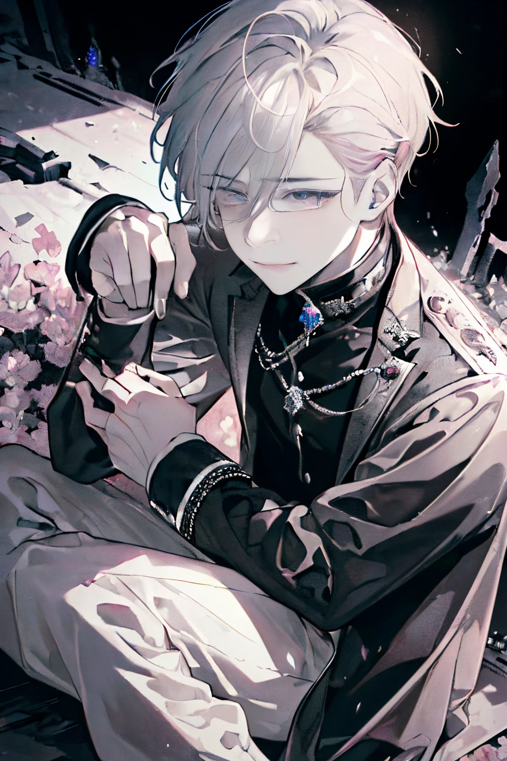 ((A ruined city full of rubble)),(After the war),((Vast landscape full of rubble)),(well-dressed boy),((Dark hair)),((sit with your knees on either side of the ground)),((Crying and laughing)),((Teary-eyed)),(Mouth slightly open),((Light pink eyes)),((Monochrome world)),((Black,Gray,light)),((Hair ornament decorated with many dark pink jewels)),((View from directly above)),(Sharp eye light),(((Adult male))),((close up of face)),(A smile),