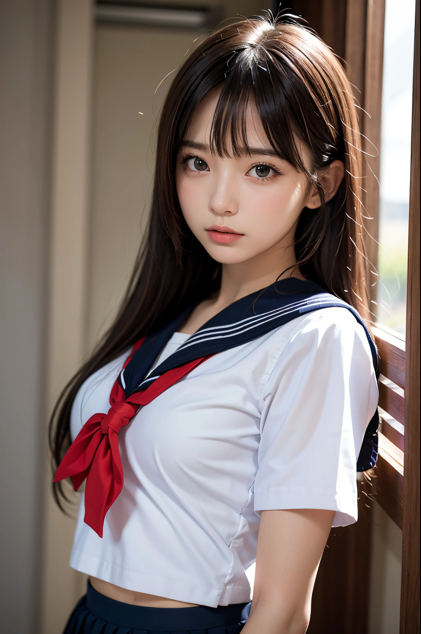 (masutepiece, Best Quality:1.2), 8K, Official art, Raw photo, (Upper body, Sailor Uniform,:1.4), Beautiful Girl, Idol face, arching back down, pleatedskirt, School uniform, Short sleeve, sixteen years old、Colossal tits crass room, Looking at Viewer, No makeup, foco nítido, face lights, Dynamic lighting, Cinematic lighting, Detailed face, Bokeh background, 1 girl in
