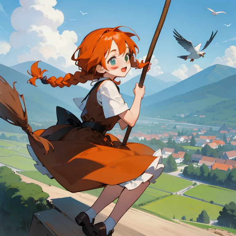 High Detail, Ultra Detail, Ultra High Resolution A cute and innocent girl, child, toddler, enjoying her time up in the sky riding her broomstick, surrounded by the beauty of nature, warm sun sprinkling on her, birds flutter around her, adding to the playful atmosphere, riding a broom stick up in a blue sky, clouds, mountains, (green eyes, red-orange hair, braided hairstyle)(wearing a brown dress)