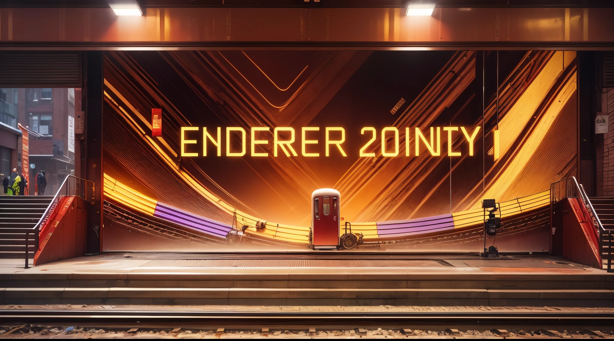 Design a conference stage with subway tracks, arrows, and elements of speed. Include an electronic big screen on the stage. Place a sculpture with the words "20th Anniversary" on the right side of the stage. On the left side, create a design featuring the front of a subway train. The overall color scheme should be red and gold. --auto --s2