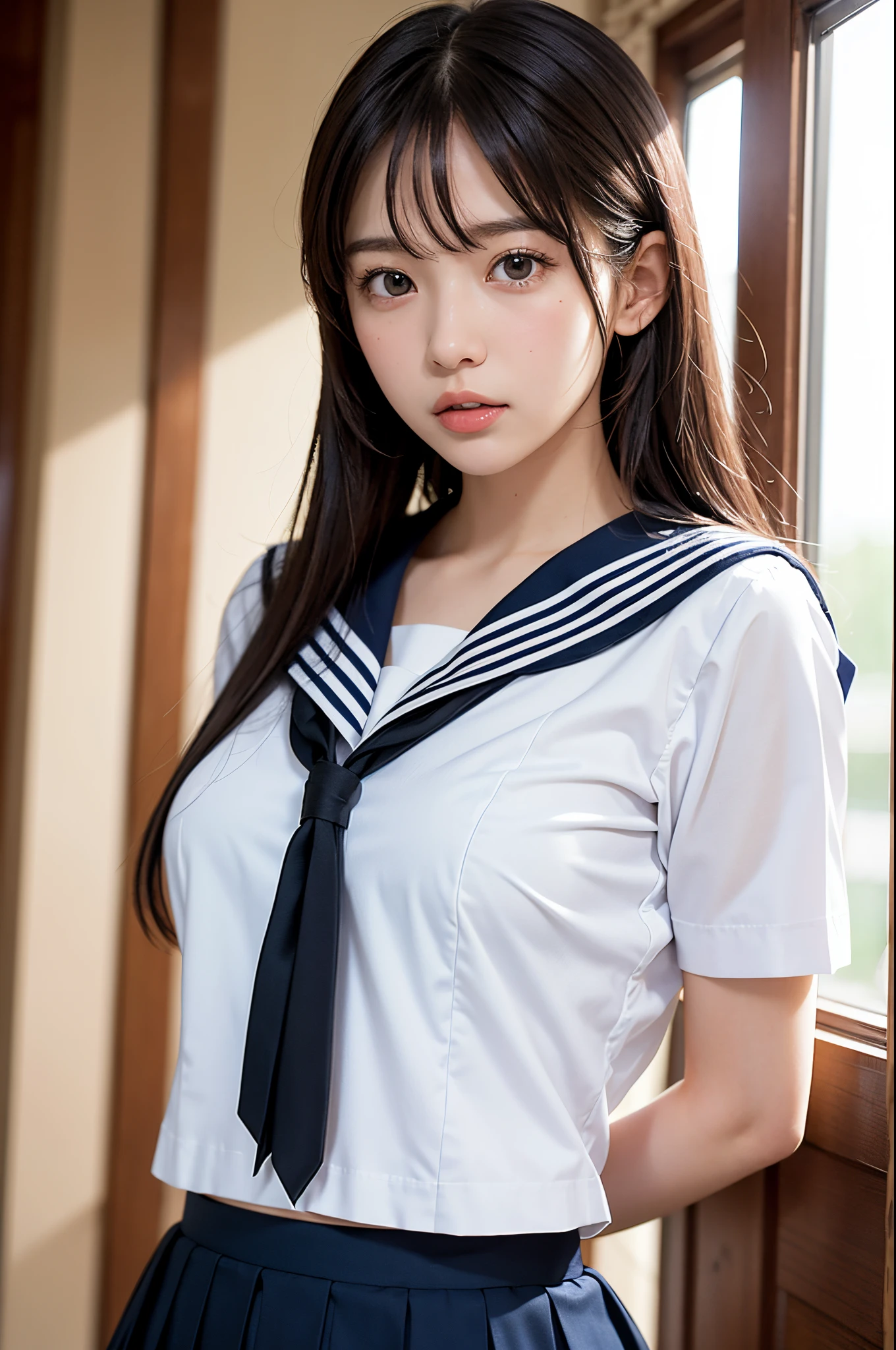 (masutepiece, Best Quality:1.2), 8K, Official art, Raw photo,  (Upper body, Sailor Uniform,:1.4), Beautiful Girl, Idol face, arching back down, pleatedskirt, School uniform, Short sleeve,  sixteen years old、Colossal tits　crass room, Looking at Viewer, No makeup, foco nítido, face lights, Dynamic lighting, Cinematic lighting, Detailed face, Bokeh background, 1 girl in
