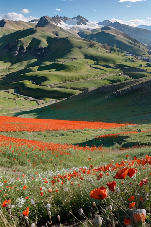 (realistic photo,a field of poppy flowers,bottom of a mountain,snow on the top)