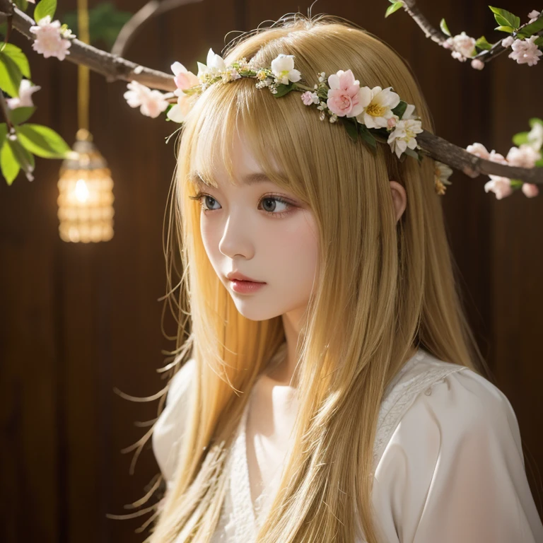 超高分辨率, Best quality at best, photore, 4K, (actual:1.4), Girl with a garland on her head, Long blonde hair,s fractal art
