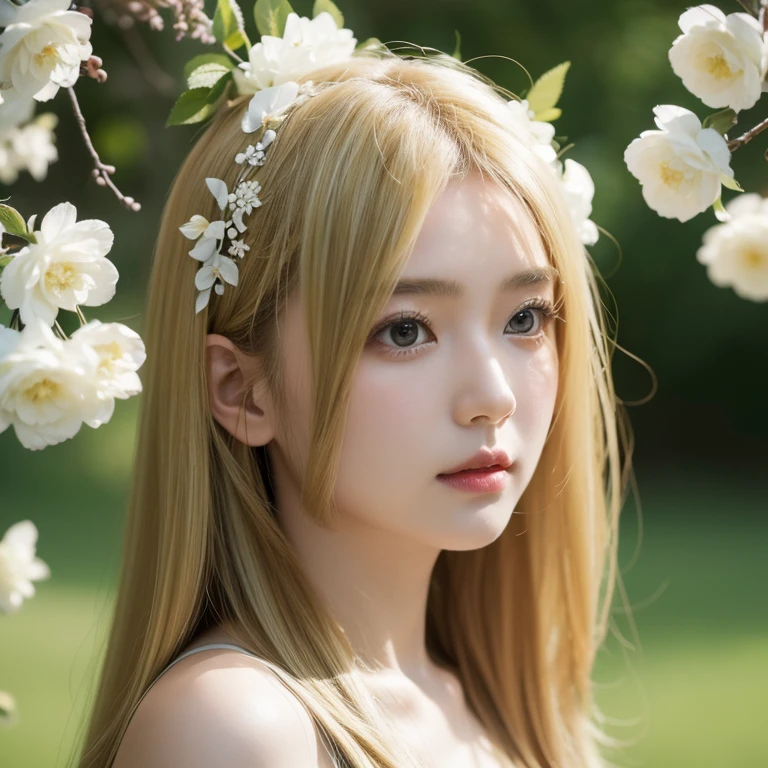 超高分辨率, Best quality at best, photore, 4K, (actual:1.4), Girl with a garland on her head, Long blonde hair,s fractal art