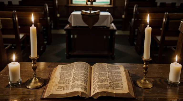 small church, old bible, candles, man praying