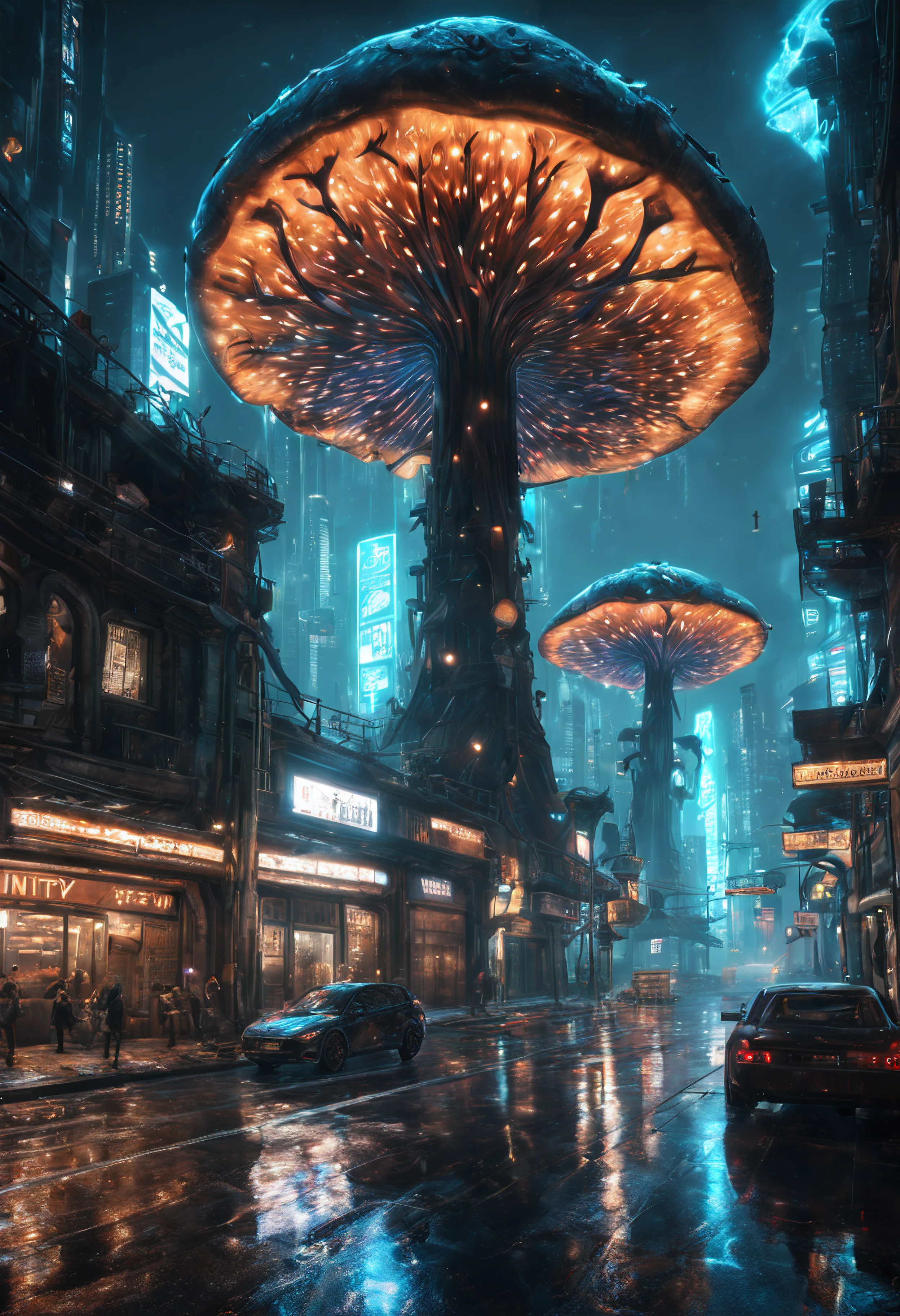 (best quality, masterpiece, Representative work, official art, Professional, unity 8k wallpaper:1.3),Ultra-wide-angle, octane render, Enhance, intricate,Bioluminescent Mushroom, very dark city.