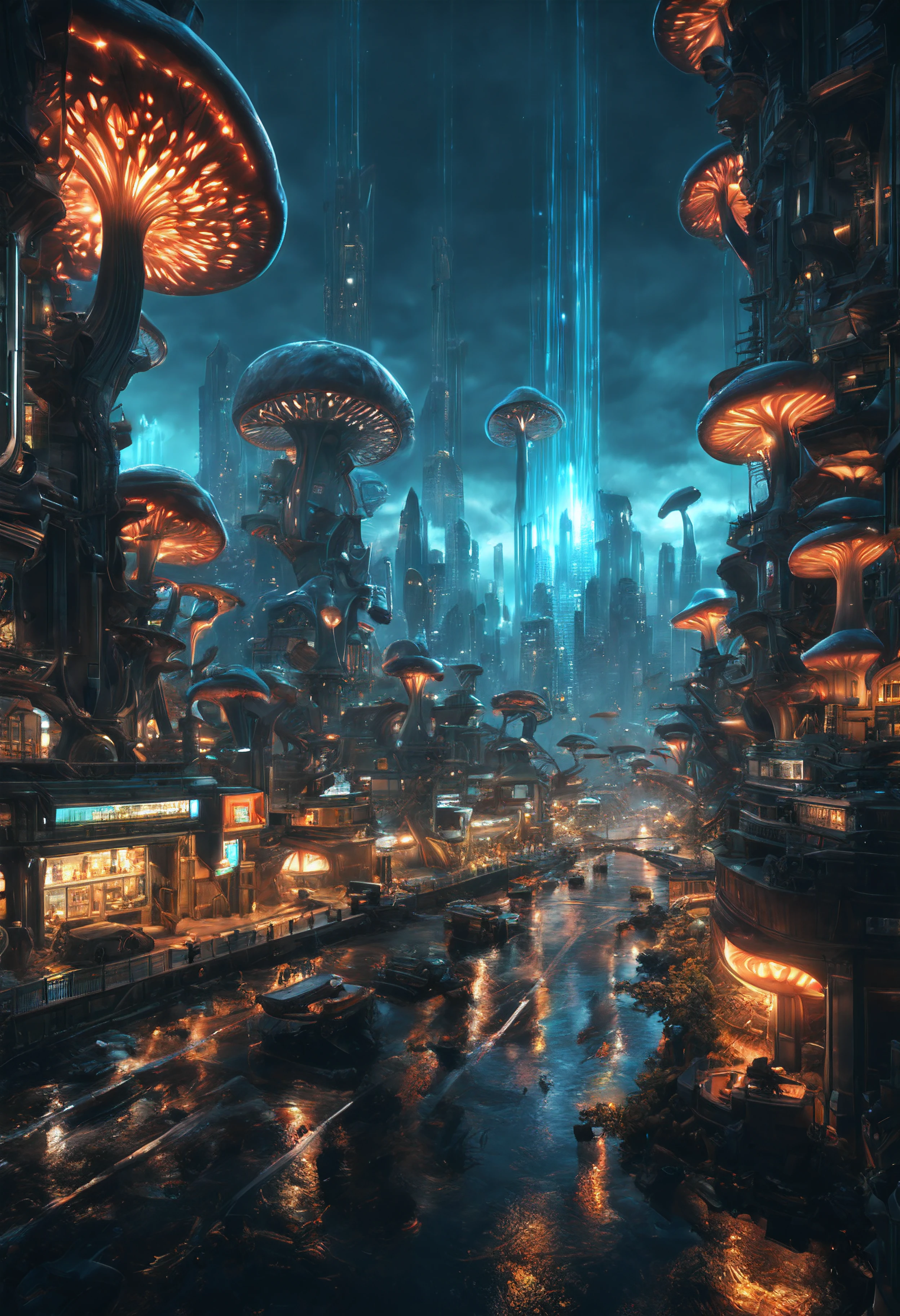 (best quality, masterpiece, Representative work, official art, Professional, unity 8k wallpaper:1.3),Ultra-wide-angle, octane render, Enhance, intricate,Bioluminescent Mushroom, very dark city.