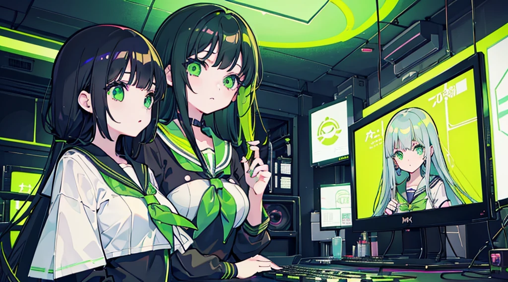 (2 girls, black hair, green eyes, sailor suit, kawaii, consultation), (green cyberpunk, room with big monitors, green neon)