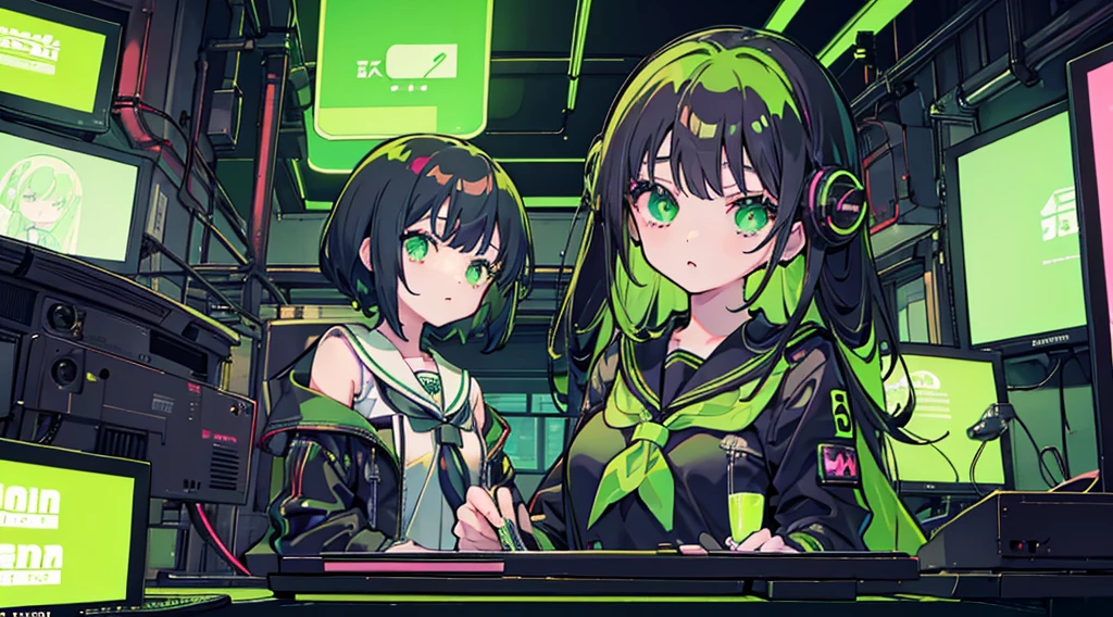 (2 girls, black hair, green eyes, sailor suit, kawaii, consultation), (green cyberpunk, room with big monitors, green neon)