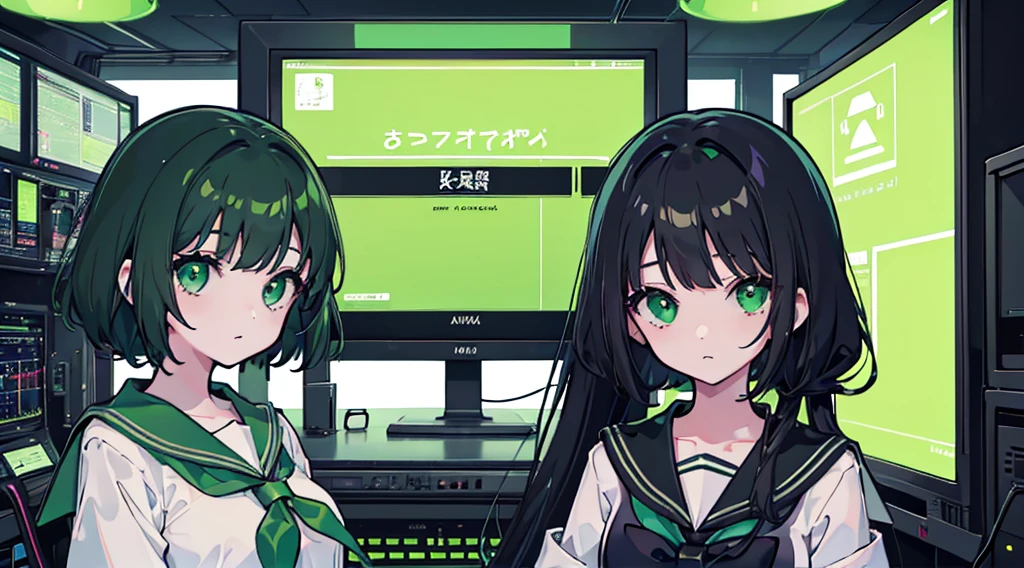 (2 girls, black hair, green eyes, sailor suit, kawaii, consultation), (green cyberpunk, room with big monitors, green neon)