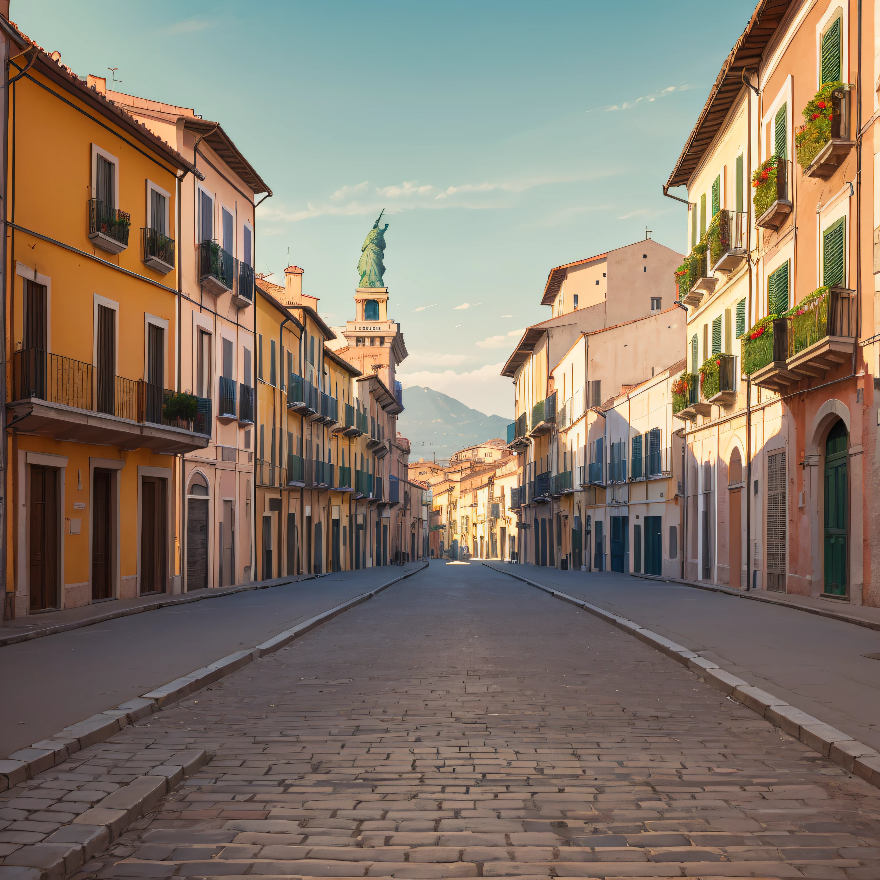 Empty street in the city of Vittoria, Italy, in the background the city seen from afar, in the city, discreetly in the background, a statue of Liberty made of metal