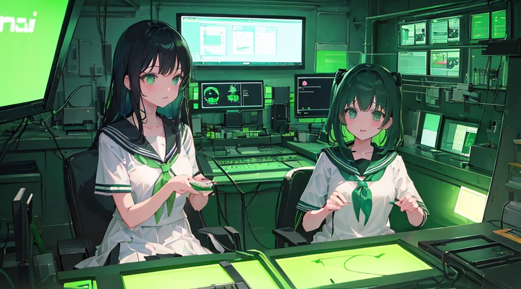 (2 girls, black hair, green eyes, sailor suit, kawaii, consultation), (green cyberpunk, room with big monitors, green neon)