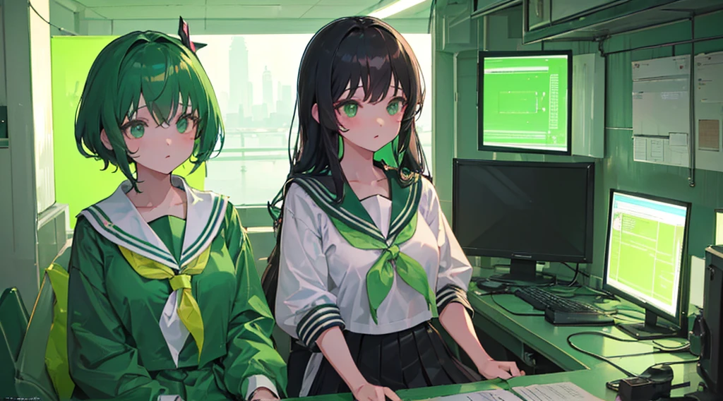 (2 girls, black hair, green eyes, sailor suit, kawaii, consultation), (green cyberpunk, room with big monitors, green neon)