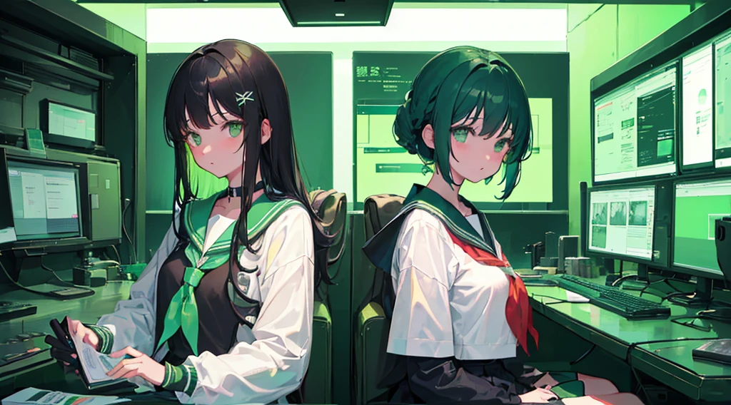 (2 girls, black hair, green eyes, sailor suit, kawaii, consultation), (green cyberpunk, room with big monitors, green neon)