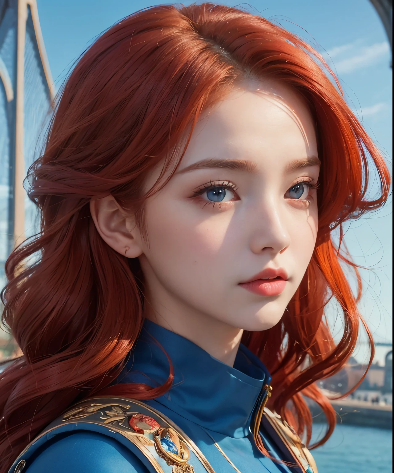 A beautiful woman wearing a blue dress-like garment. red hair. Beautiful double eyes. The bridge of my nose. Well-shaped lips. 15 years old. The place is the royal palace. A masterpiece.