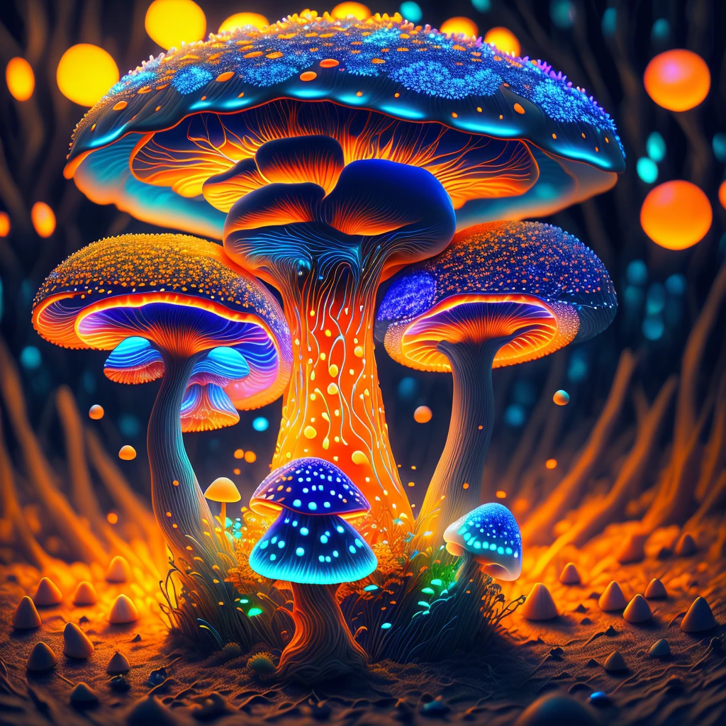 Bioluminescent Mushroom/Glowing mushrooms/luminous mushroom l, monet, blue, orange, grey, ShoeAI (best quality,4k,8k,highres,masterpiece:1.2),ultra-detailed,(realistic,photorealistic,photo-realistic:1.37),HDR,UHD,studio lighting,ultra-fine painting,sharp focus,physically-based rendering,extreme detail description,professional,vivid colors,bokeh,Bioluminescent Mushroom/Glowing mushrooms/luminous mushroom l,monet,blue,orange,grey,ShoeAI,portraits,landscape