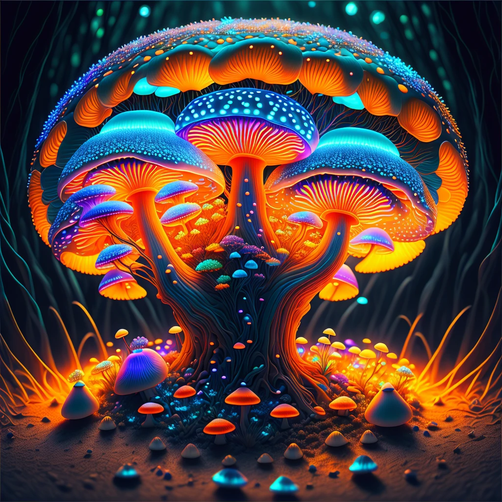 Bioluminescent Mushroom/Glowing mushrooms/luminous mushroom l, monet, blue, orange, grey, ShoeAI (best quality,4k,8k,highres,masterpiece:1.2),ultra-detailed,(realistic,photorealistic,photo-realistic:1.37),HDR,UHD,studio lighting,ultra-fine painting,sharp focus,physically-based rendering,extreme detail description,professional,vivid colors,bokeh,Bioluminescent Mushroom/Glowing mushrooms/luminous mushroom l,monet,blue,orange,grey,ShoeAI,portraits,landscape