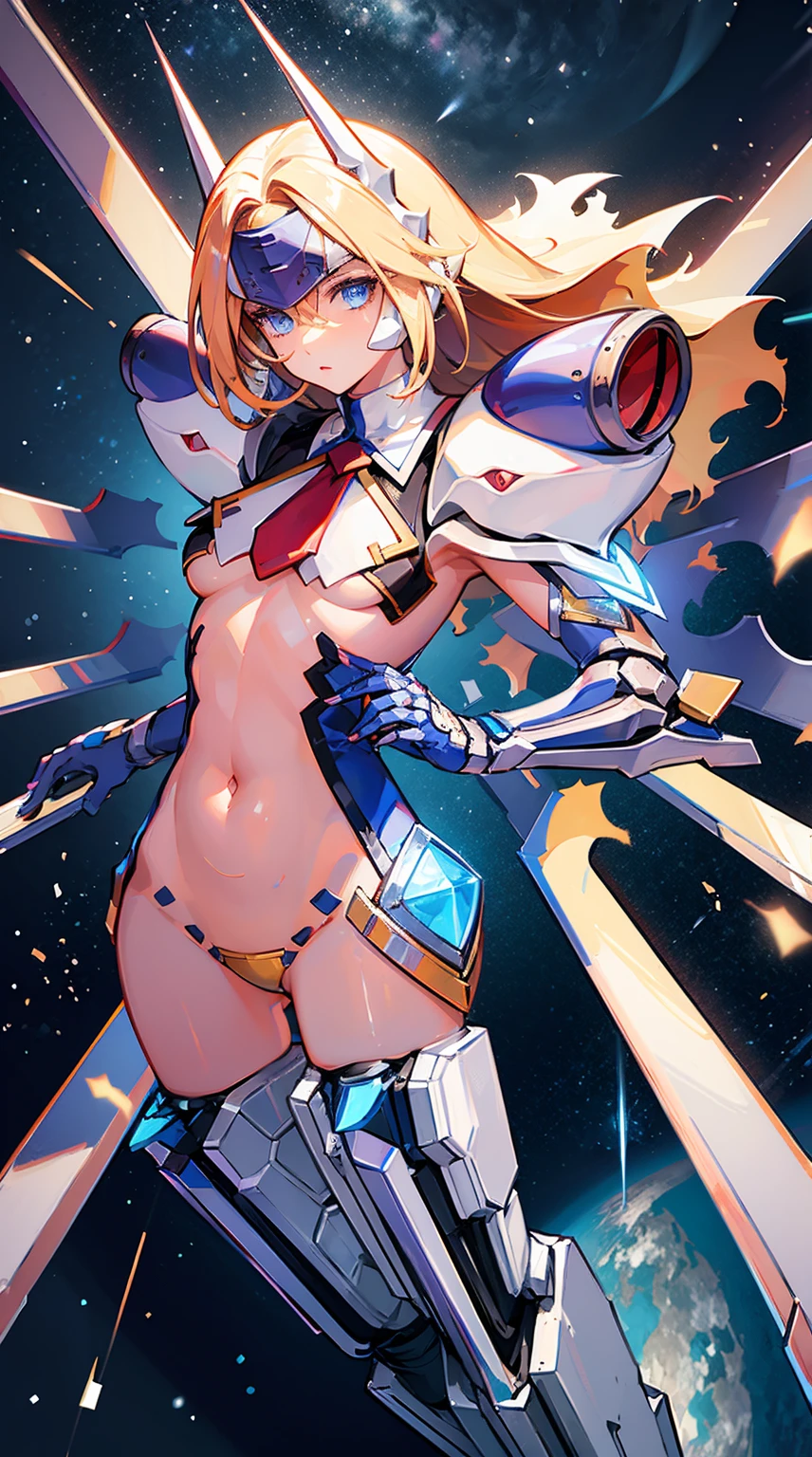(symmetric, highres, absurdres, novel illustration, promotional art, game cg, exceptional, best aesthetic, best quality, masterpiece, extremely detailed, center frame:1.0), solo, mu-12, blue eyes, blonde hair, long hair, medium breasts, forehead protector, elbow gloves, mechanical legs, robot ears, shoulder pads, short necktie, underboob , cowboy shot, outdoors, <lora:mu-12 (blazblue):1>