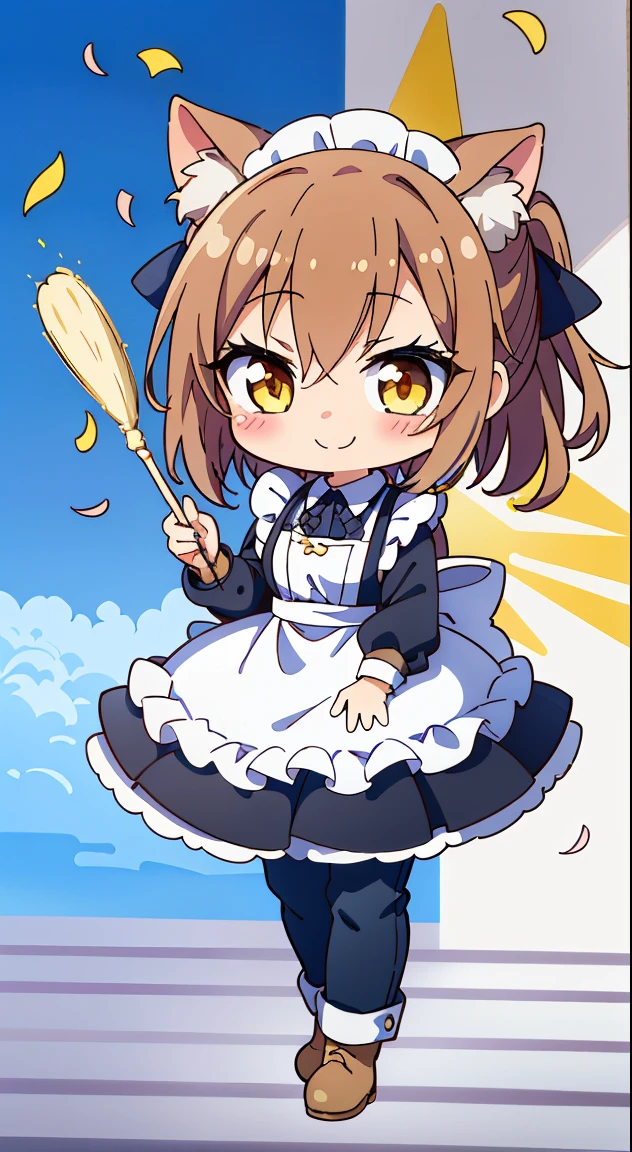 (masutepiece, Best Quality, Perfect Anatomy, High quality:1.4), nice hand, Perfect hands, Detailed beautiful hands, Large_filesize, fulcolor, hight resolution, symmetric, exceptional, Best aesthetic, newest, Anime, very beautiful detailed body、The hair、faces、The eye, (Chibi, Full body:1.6),
BREAK,
1girl in, (Cute:1.5),(Chibi:0.5),(kawaii:2.0),(Lori:2.0),(7 girl),(Solo:1.65),BREAK, (flat chest:1.2,), Clear skin, Beautiful skin, Shy, One Beautiful Girl,(Hair Bow, reddish brown hair, Twin-tailed:1.2), (Brown eyes, long eyelashes, Double eyelids: 1.2), Shiny skin, gleaming skin,Clear skin, Beautiful skin,( A smile:1.5), Solo,gleaming skin, Clear skin, Beautiful skin(best quality face),(Top quality glowing eyes), (The best smile,Doya face:1.45), BREAK (Pink Theme:1.4),
((celebration theme:1.4)), (Cat ears, Golden Eyes, golden eyes of a cat, Black pants, Long pants, Black blouse, maid, maid apronl, White Apron, long boots, Slender girl, Looking at Viewer:1.5), (Black blouse, maid, maid apronl, White Apron, Black pants, Long pants, long boots),
BREAK,(morning), inside in room, (Holding a celebratory oversized whole cake in both hands, Too big celebration whole cake, Long sleeves, blight:1.5), (Glossy background, White white background, celebrating, carnival, festival, Confetti, flower confetti:1.4),depth of fields,
BREAK,wakame,wakame,wakame,(Cowboy Shot:1.4),
BREAK,(Blurry background:1.3),(absurderes, hight resolution, Super Detail Art),cel shading,Clear Color, Lonely optical effect, Beautiful pictures, Bright glow, mystic atmosphere,(Close-up of girl:1.1), Mystical light particle effect,manga influence, clean line drawings,