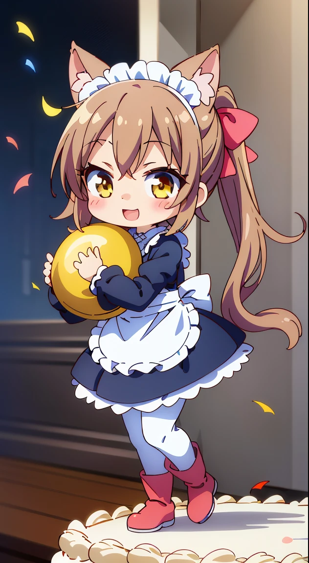 (masutepiece, Best Quality, Perfect Anatomy, High quality:1.4), nice hand, Perfect hands, Detailed beautiful hands, Large_filesize, fulcolor, hight resolution, symmetric, exceptional, Best aesthetic, newest, Anime, very beautiful detailed body、The hair、faces、The eye, (Chibi, Full body:1.6), 

BREAK,



1girl in, (Cute:1.5),(Chibi:0.5),(kawaii:2.0),(Lori:2.0),(7 year old girl),(Solo:1.65),BREAK, (flat chest:1.2,), Clear skin, Beautiful skin, Shy, One Beautiful Girl,(Hair Bow, reddish brown hair, Twin-tailed:1.2), (Brown eyes, long eyelashes, Double eyelids: 1.2), Shiny skin, gleaming skin,Clear skin, Beautiful skin,( A smile:1.5), Solo,gleaming skin, Clear skin, Beautiful skin(best quality face),(Top quality glowing eyes),  (The best smile,Doya face:1.45), BREAK (Pink Theme:1.4),

((celebration theme:1.4)),  (Cat ears, Golden Eyes, golden eyes of a cat, Black pants, Long pants, Black blouse, maid, maid apronl, White Apron, long boots, Slender girl, Looking at Viewer:1.5), (Black blouse, maid, maid apronl, White Apron, Black pants, Long pants, long boots),


BREAK,(morning), inside in room,  (Holding a celebratory oversized whole cake in both hands, Too big celebration whole cake, Long sleeves, blight:1.5), (Glossy background, White white background, celebrating, carnival, festival, Confetti, flower confetti:1.4),depth of fields,

 BREAK,wakame,wakame,wakame,(Cowboy Shot:1.4), 

BREAK,(Blurry background:1.3),(absurderes, hight resolution, Super Detail Art),cel shading,Clear Color, Lonely optical effect, Beautiful pictures, Bright glow, mystic atmosphere,(Close-up of girl:1.1), Mystical light particle effect,manga influence, clean line drawings,