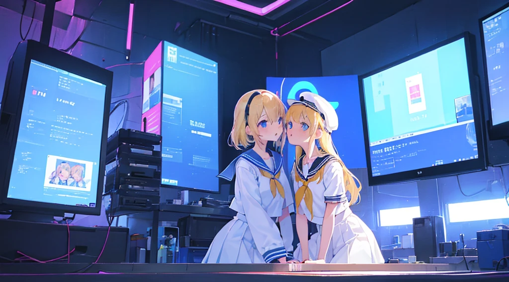 (2 girls, blonde hair, blue eyes, sailor suit, kawaii, meeting), (blue cyberpunk, room with big monitors, blue neon)