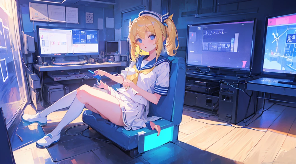 (2 girls, blonde hair, blue eyes, sailor suit, kawaii, meeting), (blue cyberpunk, room with big monitors, blue neon)