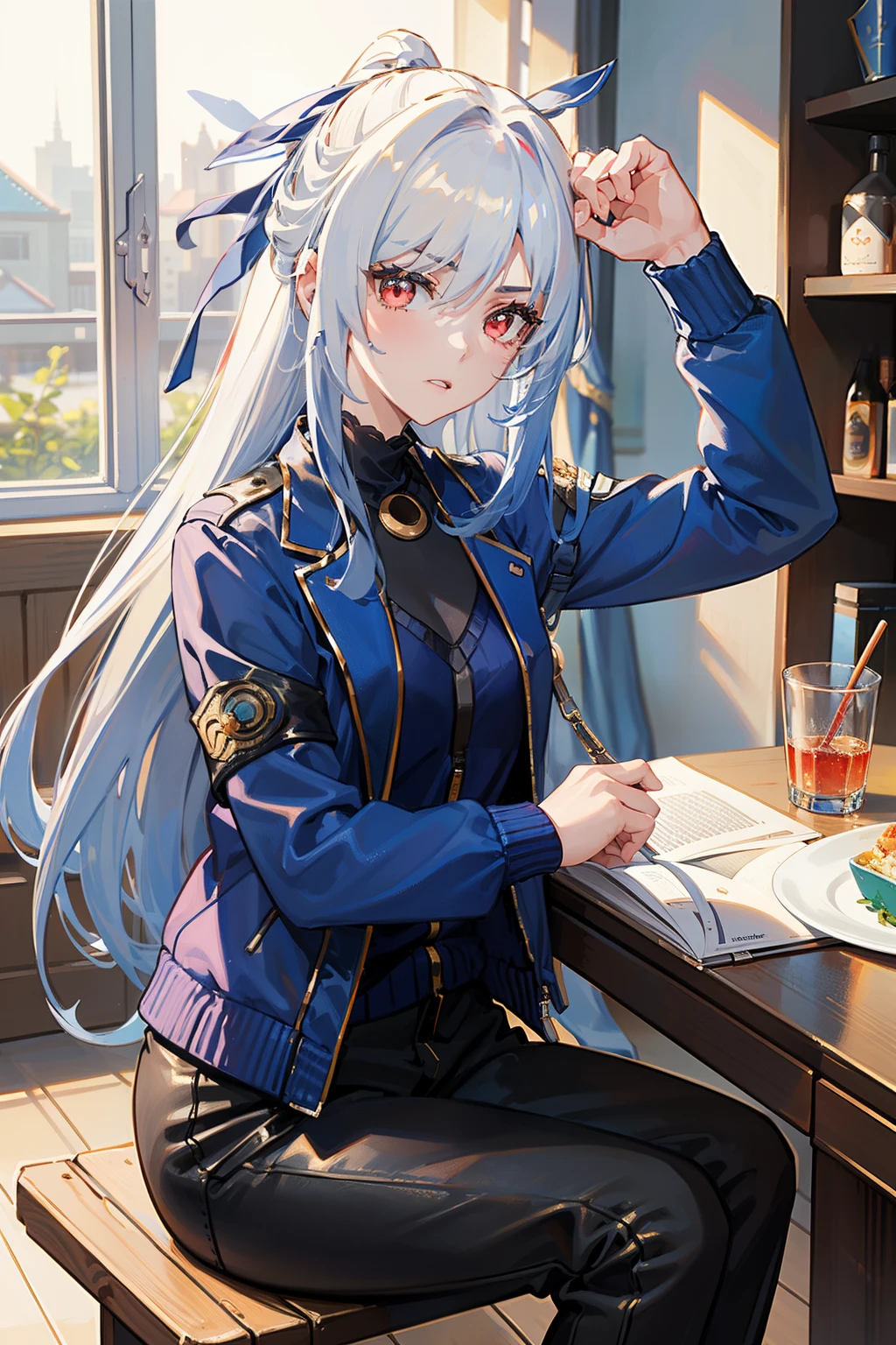 masterpiece, best quality, JingliuV5, 1girl, solo, ((blue jacket, open jacket, sweater, black pants)), indoors, red eyes, white hair, close up,