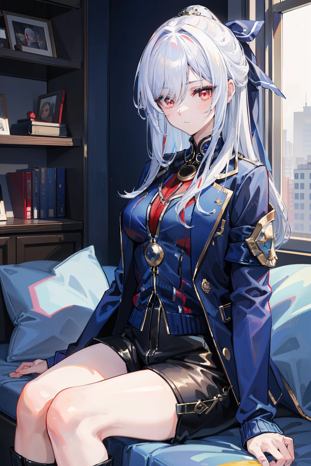 masterpiece, best quality, JingliuV5, 1girl, solo, ((blue jacket, open jacket, sweater, black pants)), indoors, red eyes, white hair, close up,