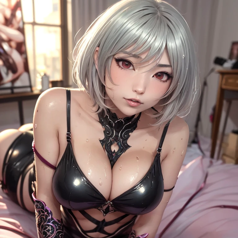 8k photos of beautiful women, (short silver hair), Convoluted, Elegant, Highly detailed, An majestic, Perfect Skin, (Wet skin, Shiny skin), (Shy look), digital photo, art by artgerm and ruan jia and greg rutkowski surreal painting, (Pink costume, See-through), thong, ((BDSM)), (Bedroom), (Dynamic Pose)), (flashes), (Self Chest Grab), ((Big breasts)), (heels), (masutepiece, side lights, finely detailed beautiful eye: 1.2), nffsw, Narrow waist, eye line, (Camel toe), (Exposed breasts)