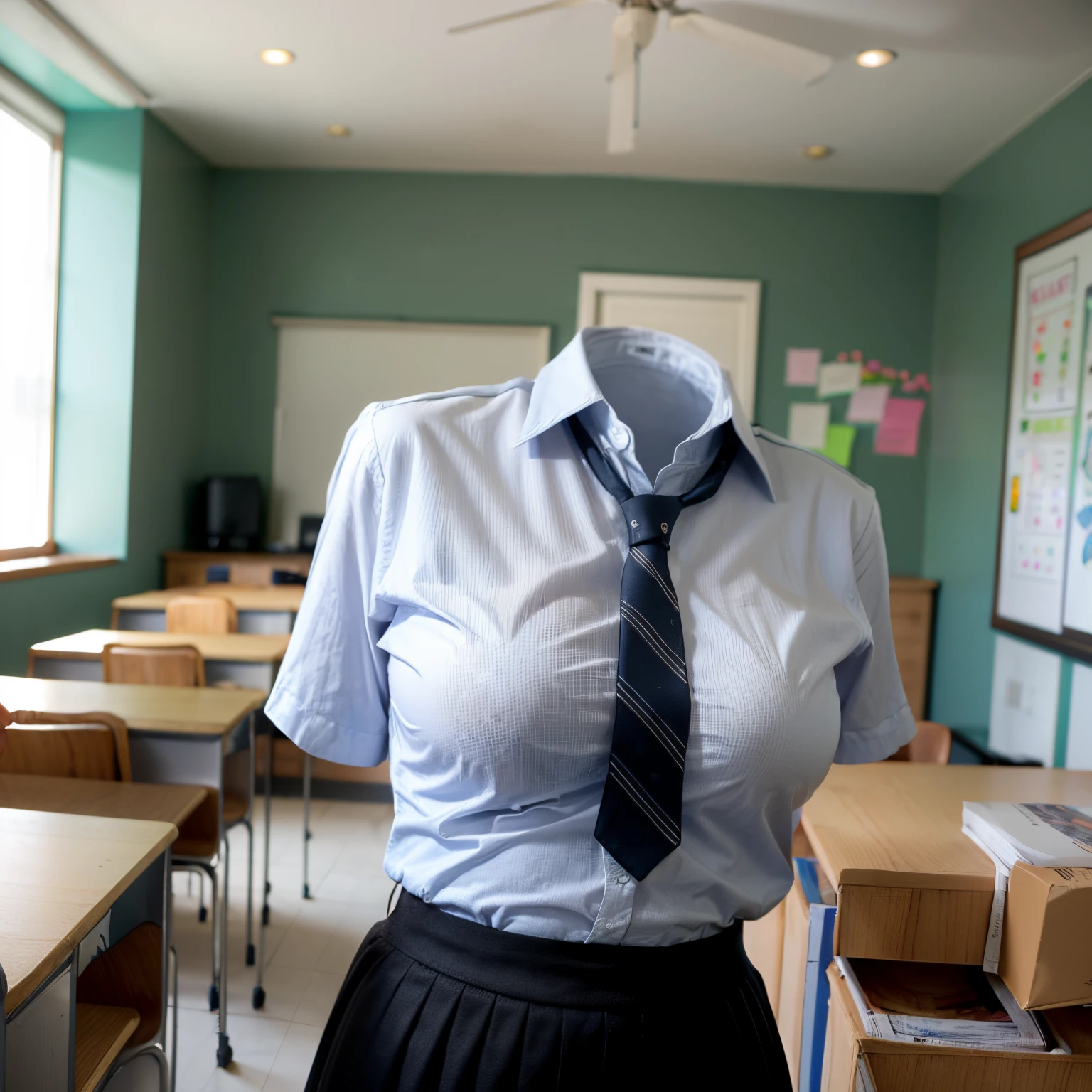 (chubby, fat), collared shirts, in classroom, white shirts, blue stripe tie, school, dark grey skirt, school tie, (Looking back), (Crossed arms), (invisible, no humans, headless, faceless:1.5), (cute big breasts), (close-up shot of breasts), photon mapping, radiosity physically-based rendering