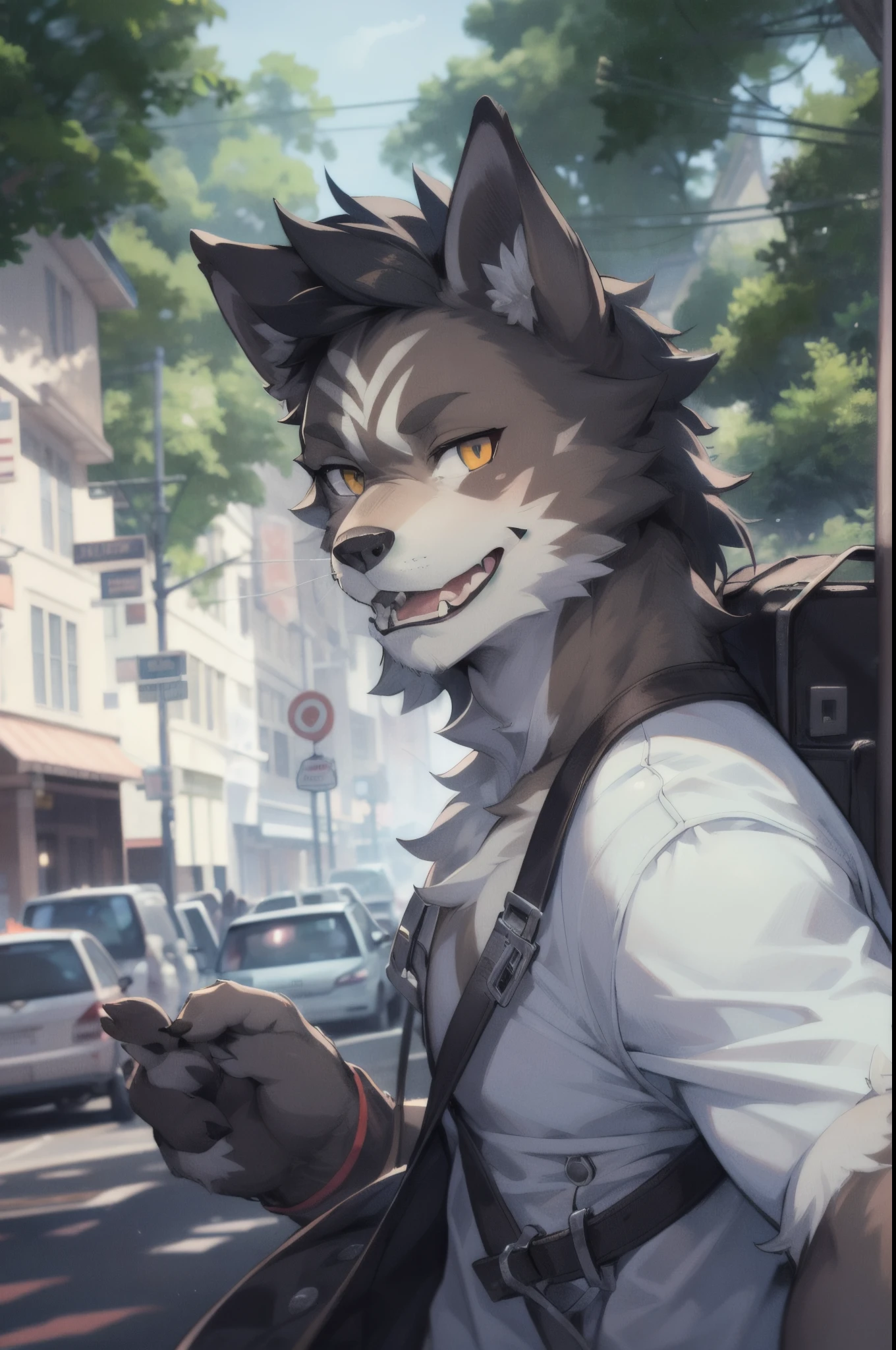 there is a man that is standing in the street with a frisbee,furry,white wolf, scar,handsome, (High Resolution),masterpiece, 8k, nj5furry,masterpiece, best quality, perfect anatomy, bright eyes, detailed background,nj5furry,Rich colors