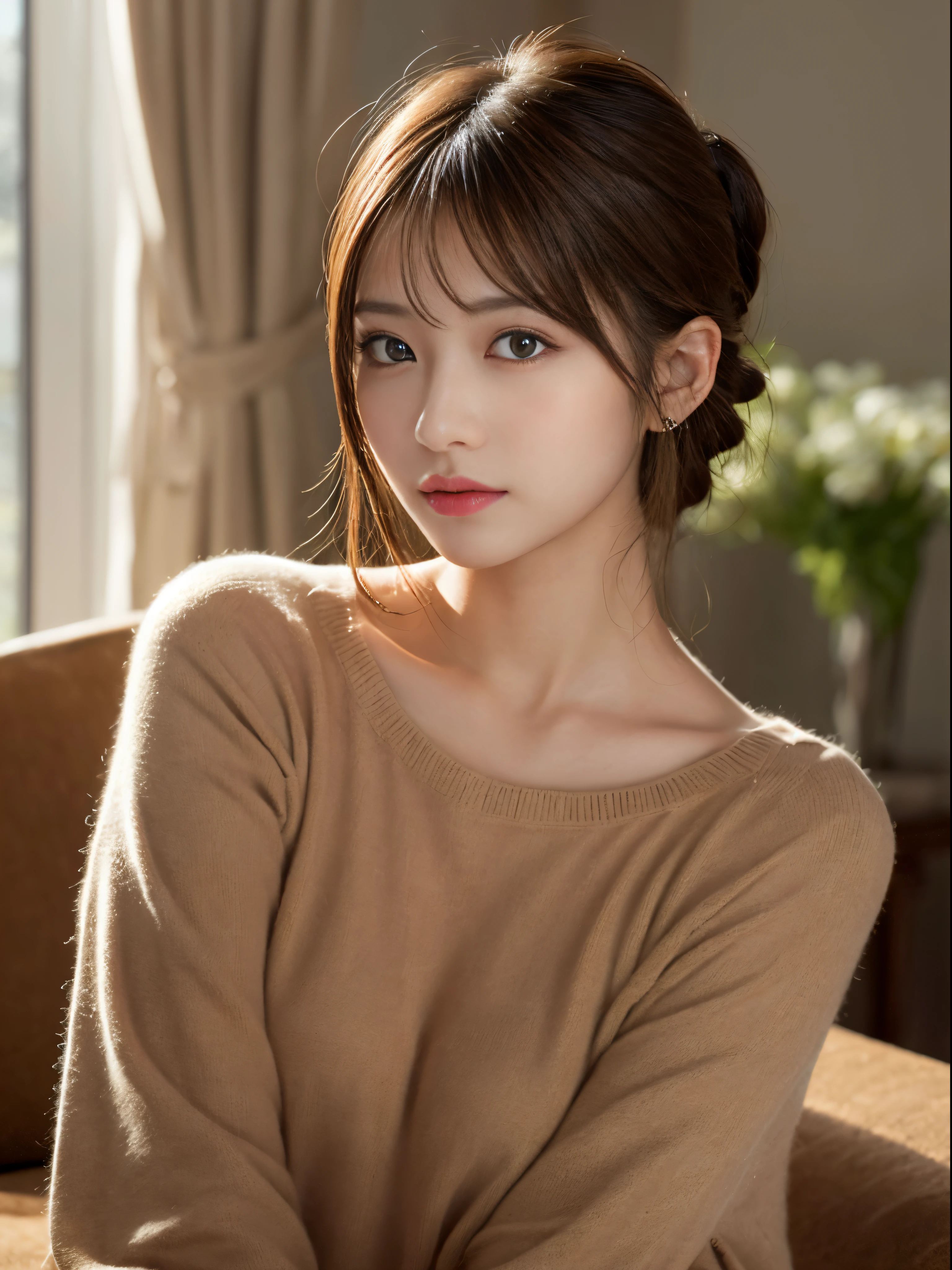 (​masterpiece:1.5)、(8K)、(Photorealsitic:1.5)、Raw photography、(Top image quality:1.4)、(foco nítido:1.5)、
top-quality、​masterpiece、超A high resolution、very detailed and professional lighting、
23 years old、slender、prety woman:1.4、serious facial expression、
In the living room where the morning sun shines、is standing、randome pose、
dressed casually、
light brown hair、poneyTail、Glowing hair、
Super Detail Face、A detailed eye、二重まぶた、
Natural Color Lip、Transparent skin、