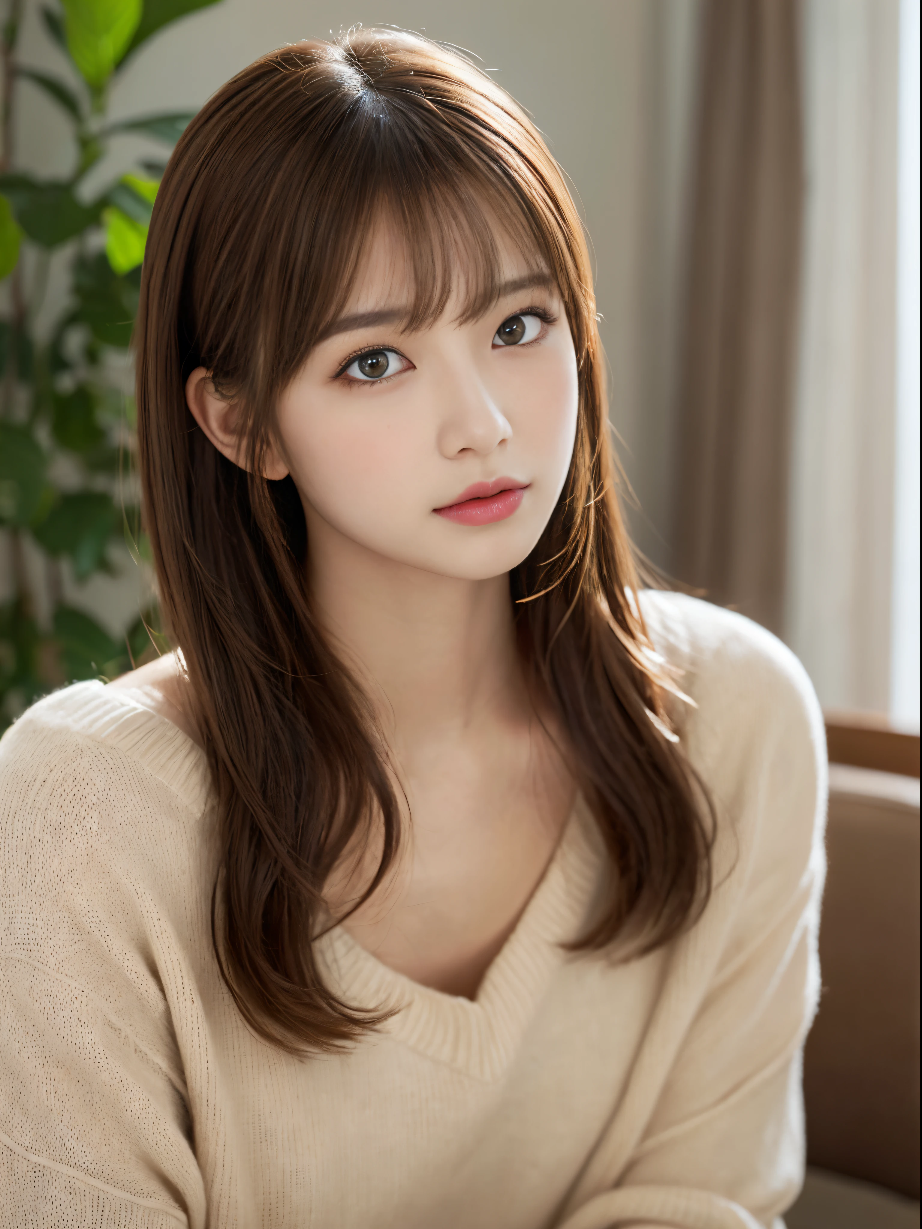 (masterpiece:1.5)、(8K)、(Photorealsitic:1.5)、Raw photography、(Top image quality:1.4)、(foco nítido:1.5)、
top-quality、masterpiece、超A high resolution、very detailed and professional lighting、
23 years old、slender、prety woman:1.4、serious facial expression、
In the living room where the morning sun shines、is standing、randome pose、
dressed casually、
light brown hair、poneyTail、Glowing hair、
Super Detail Face、A detailed eye、二重まぶた、
Natural Color Lip、Transparent skin、
